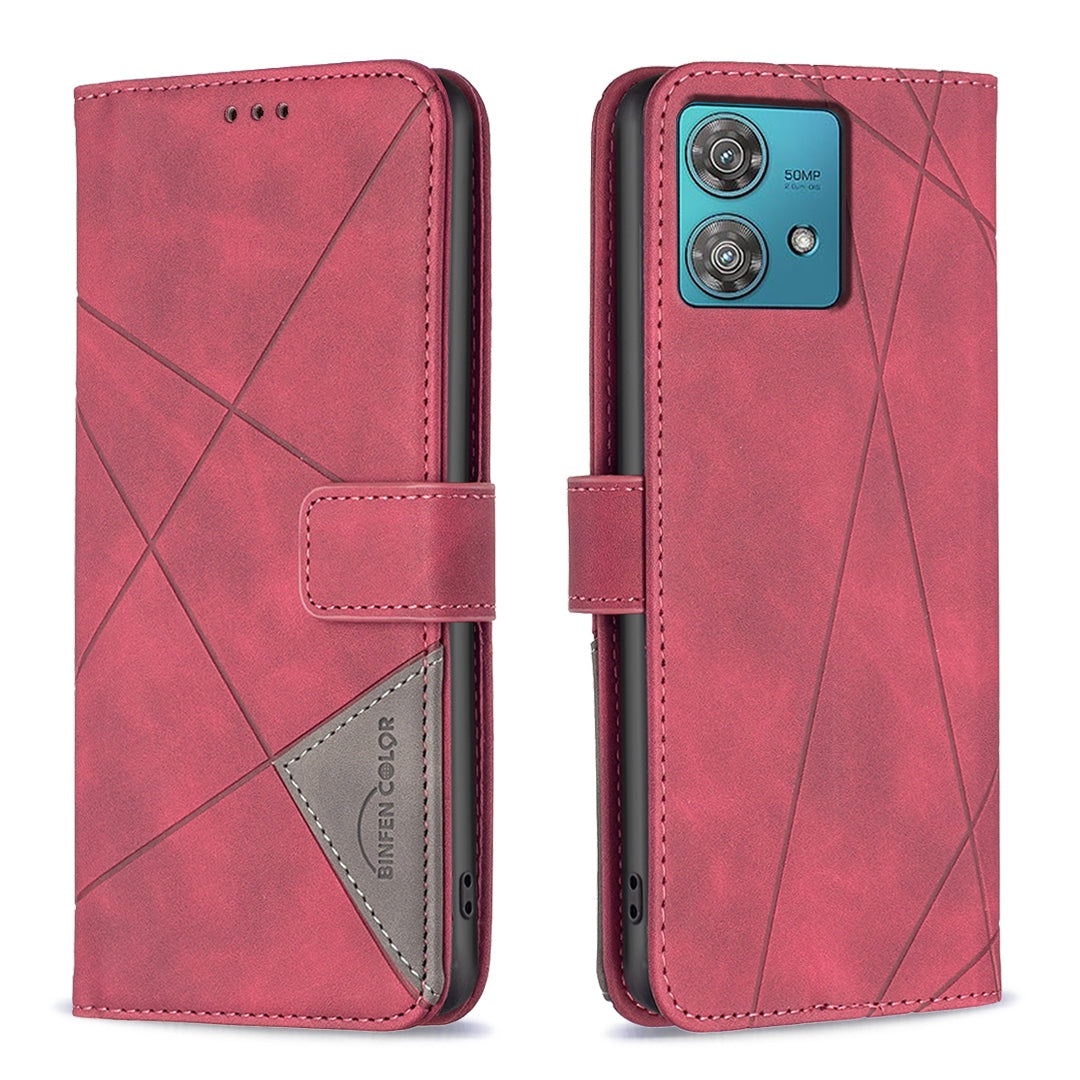 Motorola Edge 40 Neo Wallet Case – Rhombus Texture PU Leather, Magnetic Buckle, Card Slots, Stand Function, Shockproof Protective Cover