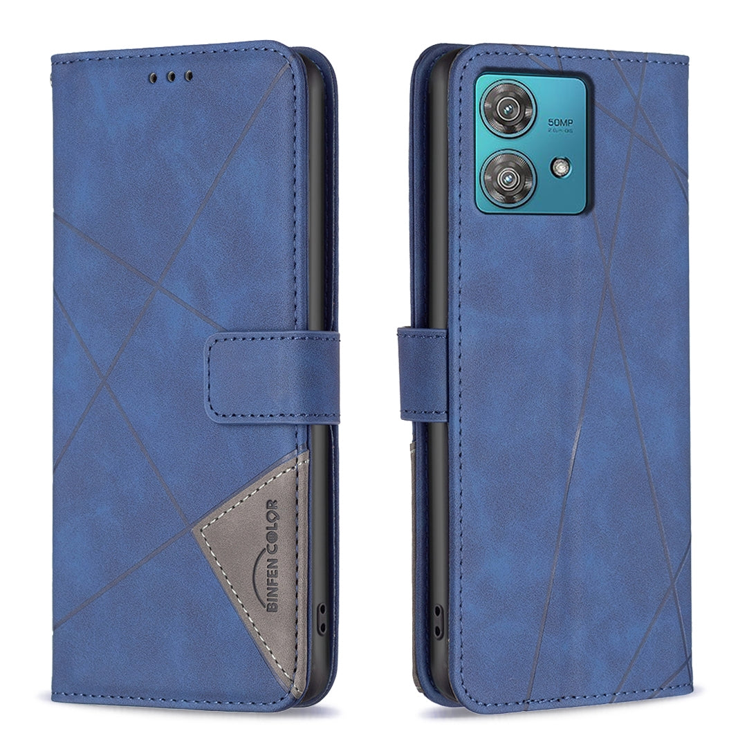 Motorola Edge 40 Neo Wallet Case – Rhombus Texture PU Leather, Magnetic Buckle, Card Slots, Stand Function, Shockproof Protective Cover