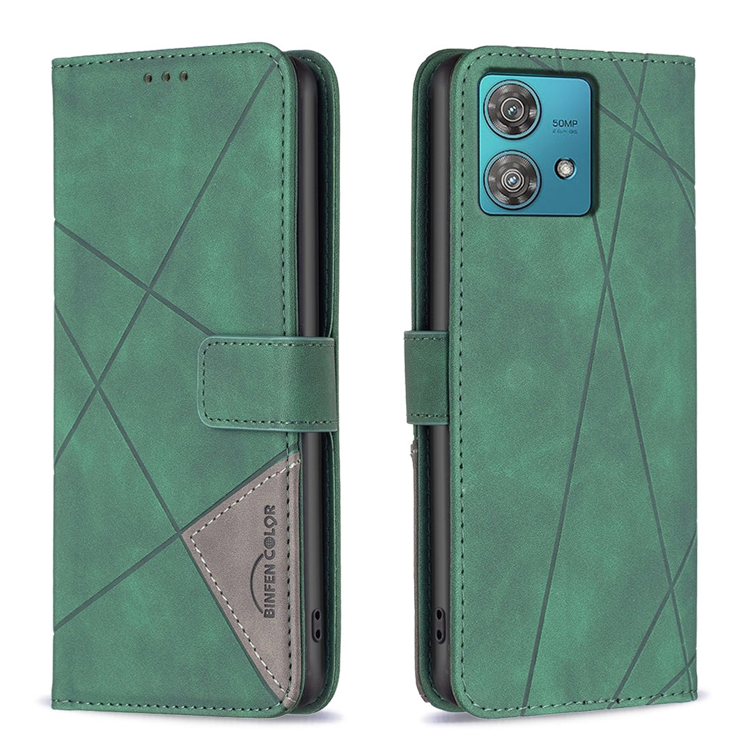 Motorola Edge 40 Neo Wallet Case – Rhombus Texture PU Leather, Magnetic Buckle, Card Slots, Stand Function, Shockproof Protective Cover