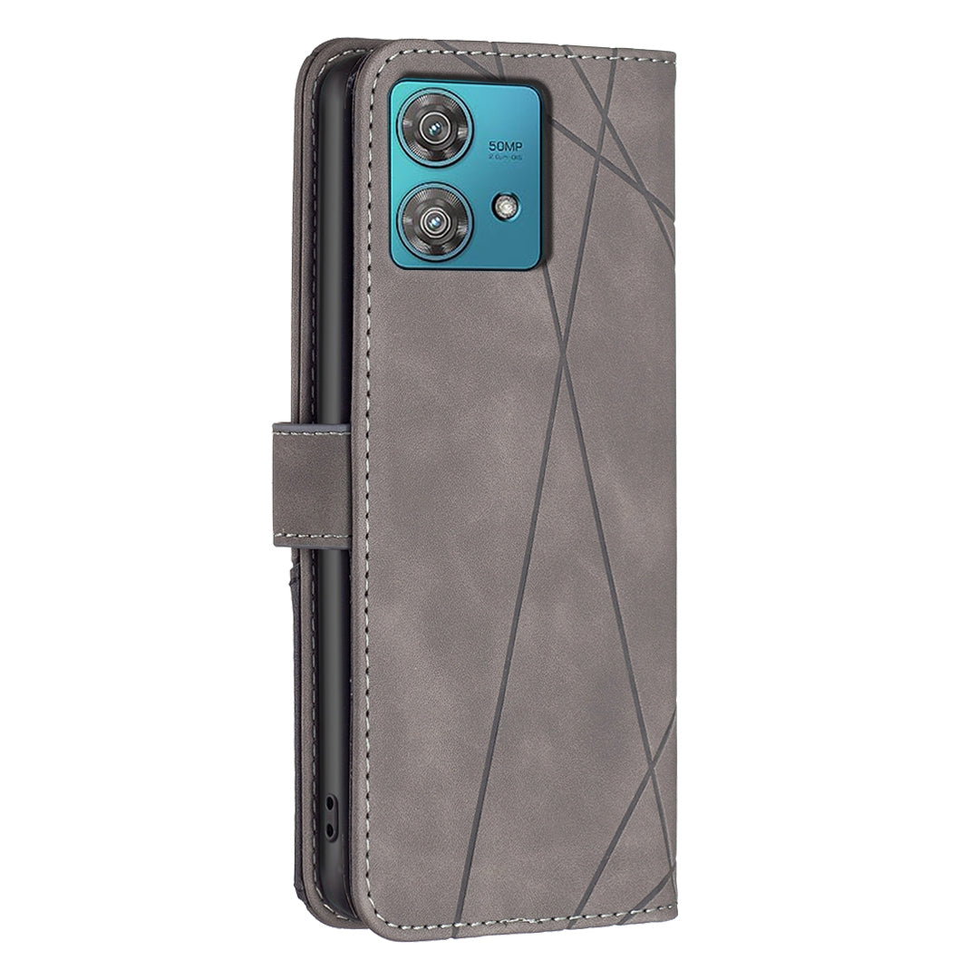 Motorola Edge 40 Neo Wallet Case – Rhombus Texture PU Leather, Magnetic Buckle, Card Slots, Stand Function, Shockproof Protective Cover