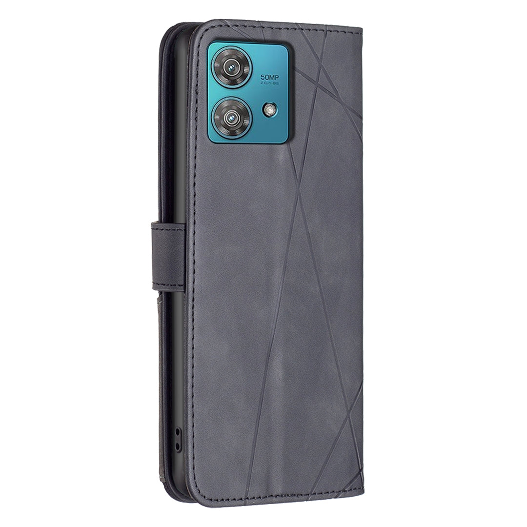 Motorola Edge 40 Neo Wallet Case – Rhombus Texture PU Leather, Magnetic Buckle, Card Slots, Stand Function, Shockproof Protective Cover