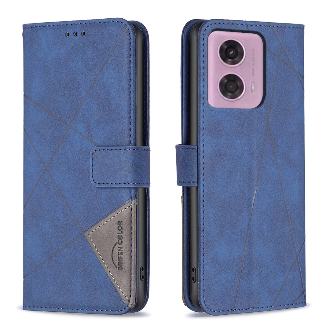 Motorola Moto G34 5 Wallet Case – Rhombus Texture PU Leather, Magnetic Buckle, Card Slots, Stand Function, Shockproof Protective Cover