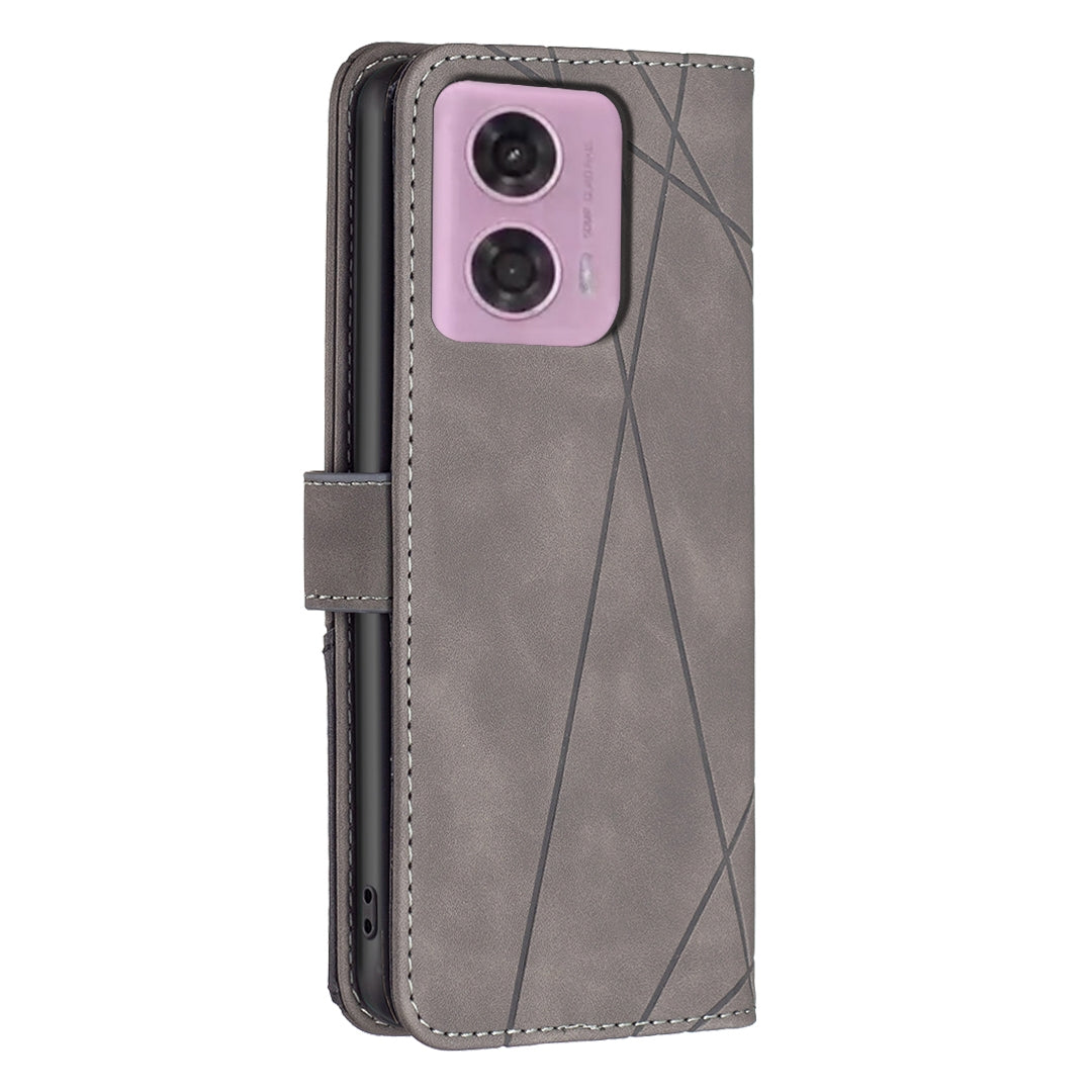 Motorola Moto E14 Wallet Case – Rhombus Texture PU Leather, Magnetic Buckle, Card Slots, Stand Function, Shockproof Protective Cover