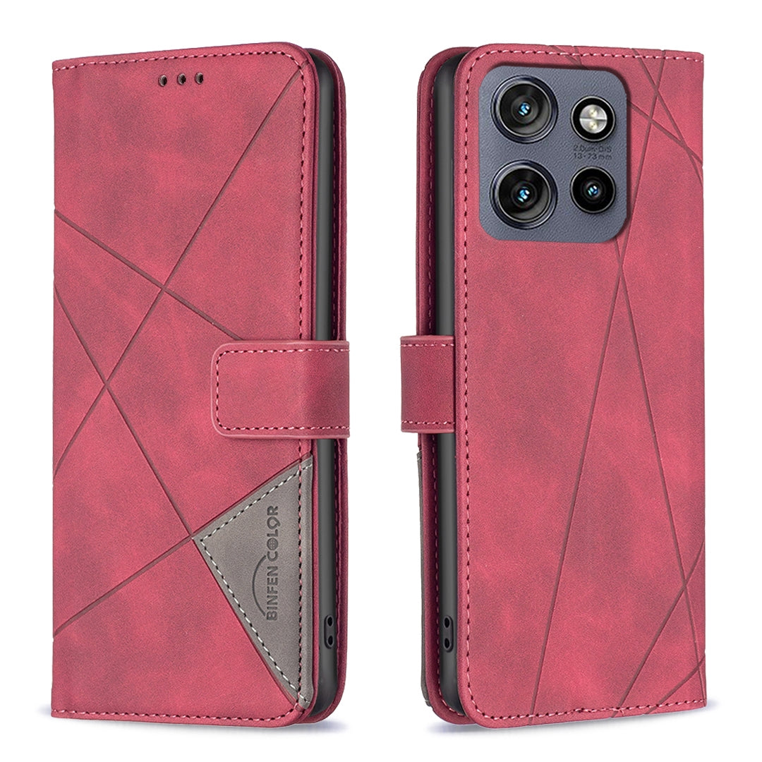 Motorola Edge 50 Neo Wallet Case – Rhombus Texture PU Leather, Magnetic Buckle, Card Slots, Stand Function, Shockproof Protective Cover