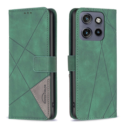 Motorola Edge 50 Neo Wallet Case – Rhombus Texture PU Leather, Magnetic Buckle, Card Slots, Stand Function, Shockproof Protective Cover