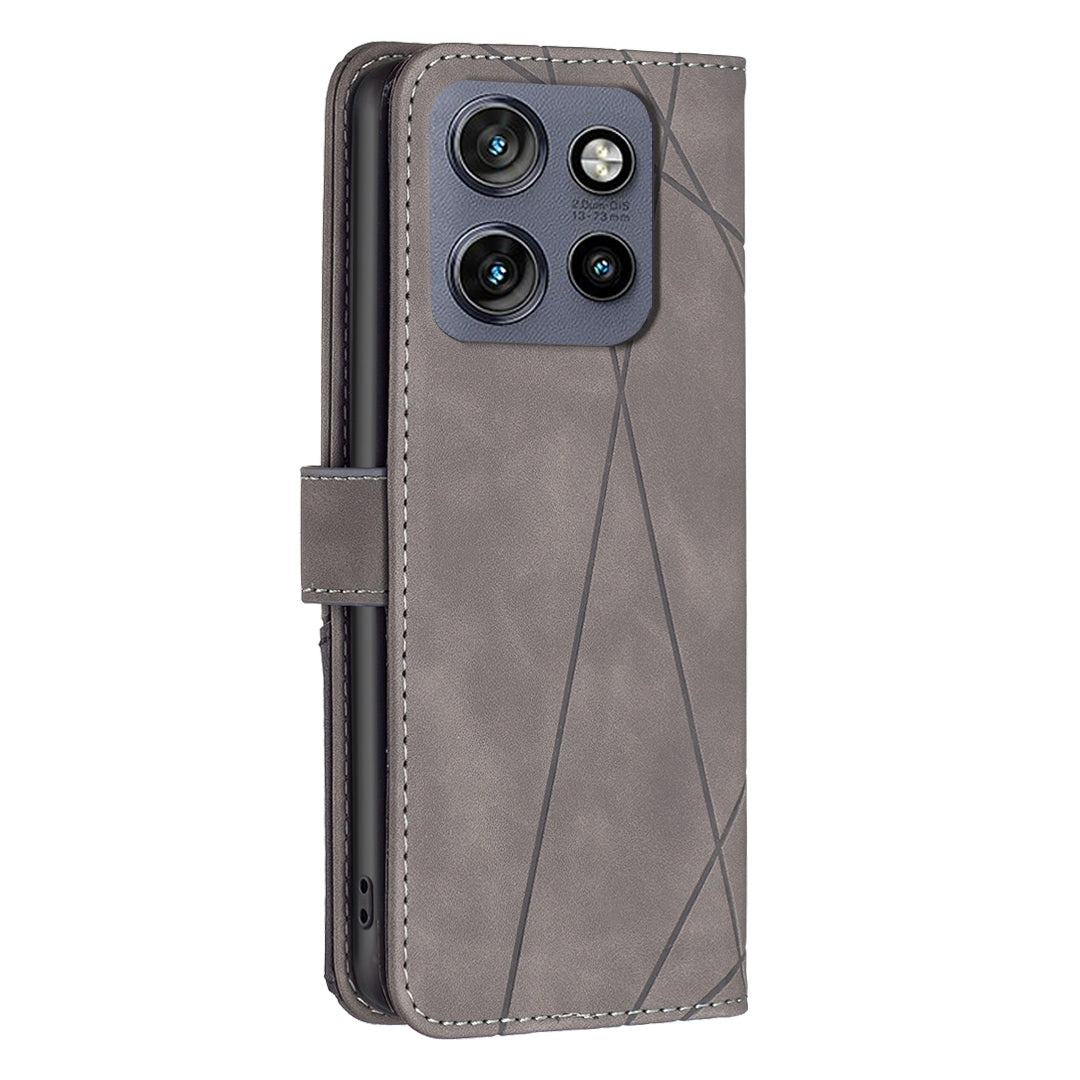 Motorola Edge 50 Neo Wallet Case – Rhombus Texture PU Leather, Magnetic Buckle, Card Slots, Stand Function, Shockproof Protective Cover