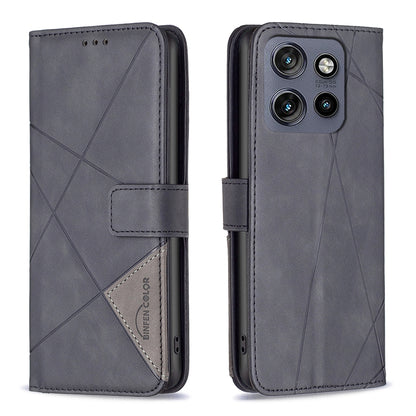 Motorola Edge 50 Neo Wallet Case – Rhombus Texture PU Leather, Magnetic Buckle, Card Slots, Stand Function, Shockproof Protective Cover