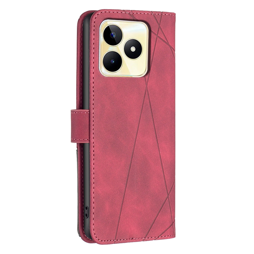 Realme C53 Wallet Case – Rhombus Texture PU Leather, Magnetic Buckle, Card Slots, Stand Function, Shockproof Protective Cover