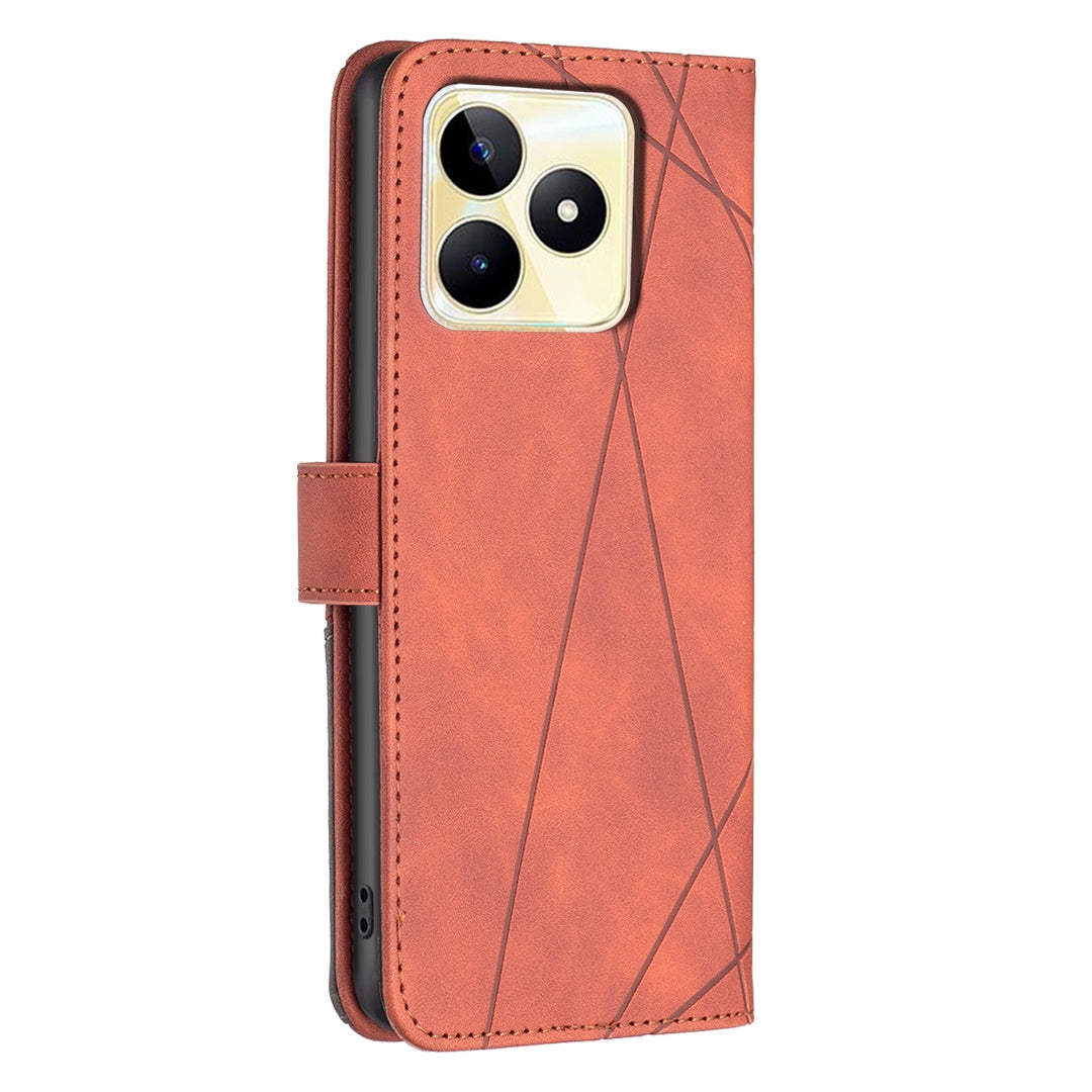 Realme C53 Wallet Case – Rhombus Texture PU Leather, Magnetic Buckle, Card Slots, Stand Function, Shockproof Protective Cover