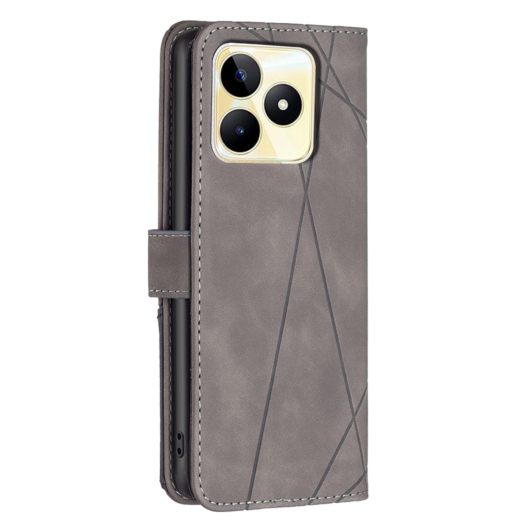 Realme C53 Wallet Case – Rhombus Texture PU Leather, Magnetic Buckle, Card Slots, Stand Function, Shockproof Protective Cover