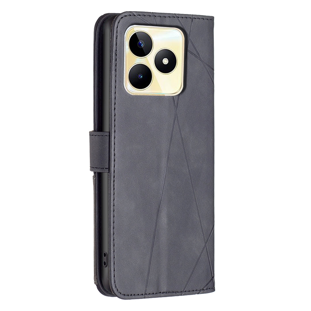 Realme C53 Wallet Case – Rhombus Texture PU Leather, Magnetic Buckle, Card Slots, Stand Function, Shockproof Protective Cover