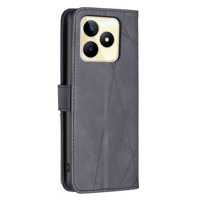 Realme C53 Wallet Case – Rhombus Texture PU Leather, Magnetic Buckle, Card Slots, Stand Function, Shockproof Protective Cover