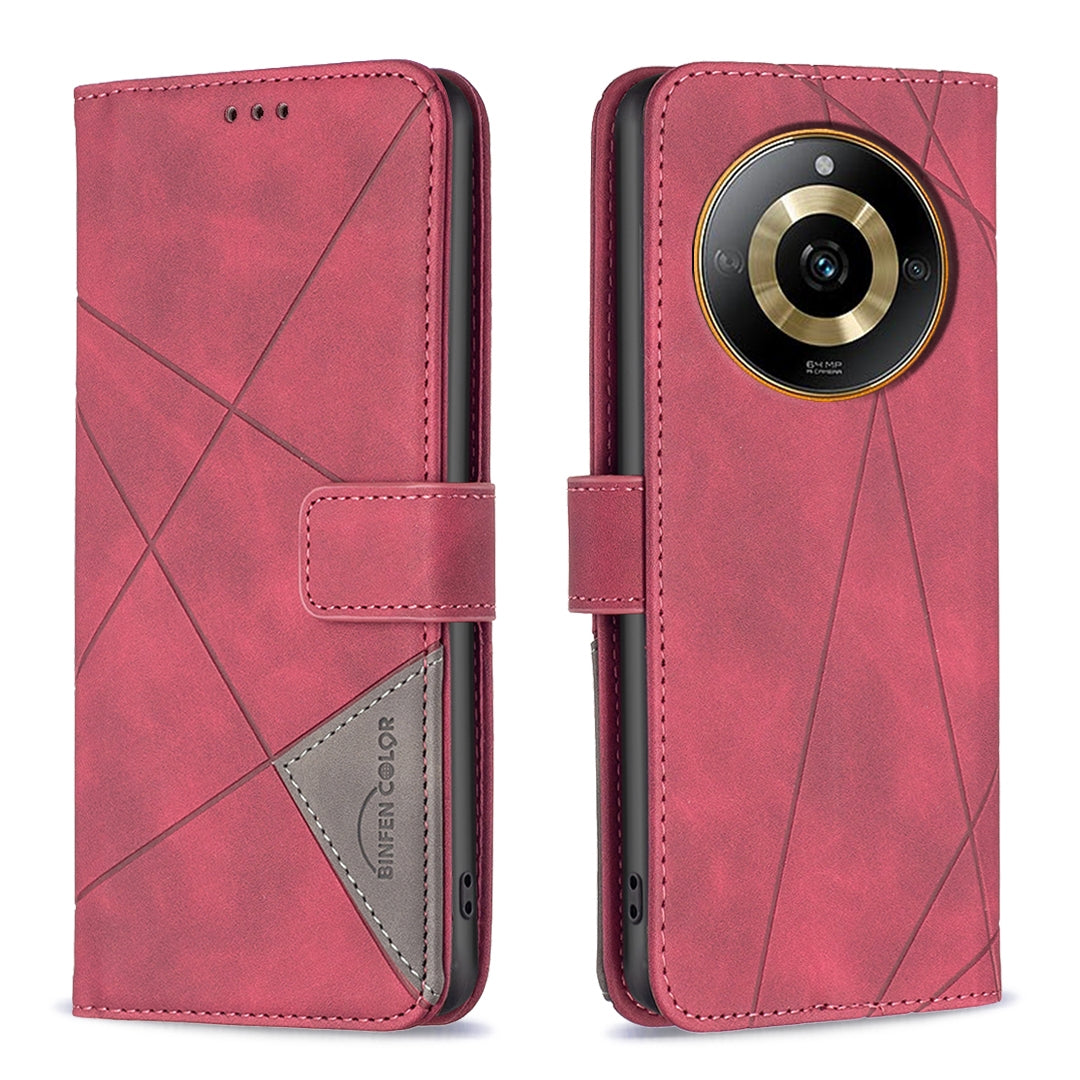 Realme 11 4G Wallet Case – Rhombus Texture PU Leather, Magnetic Buckle, Card Slots, Stand Function, Shockproof Protective Cover