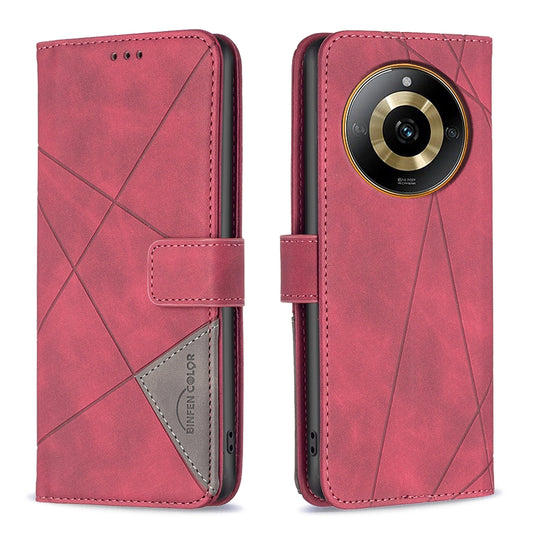 Realme 11 4G Wallet Case – Rhombus Texture PU Leather, Magnetic Buckle, Card Slots, Stand Function, Shockproof Protective Cover