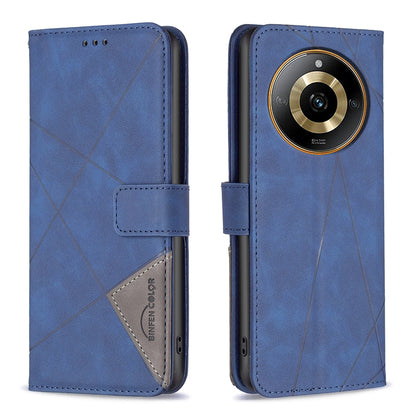 Realme 11 4G Wallet Case – Rhombus Texture PU Leather, Magnetic Buckle, Card Slots, Stand Function, Shockproof Protective Cover