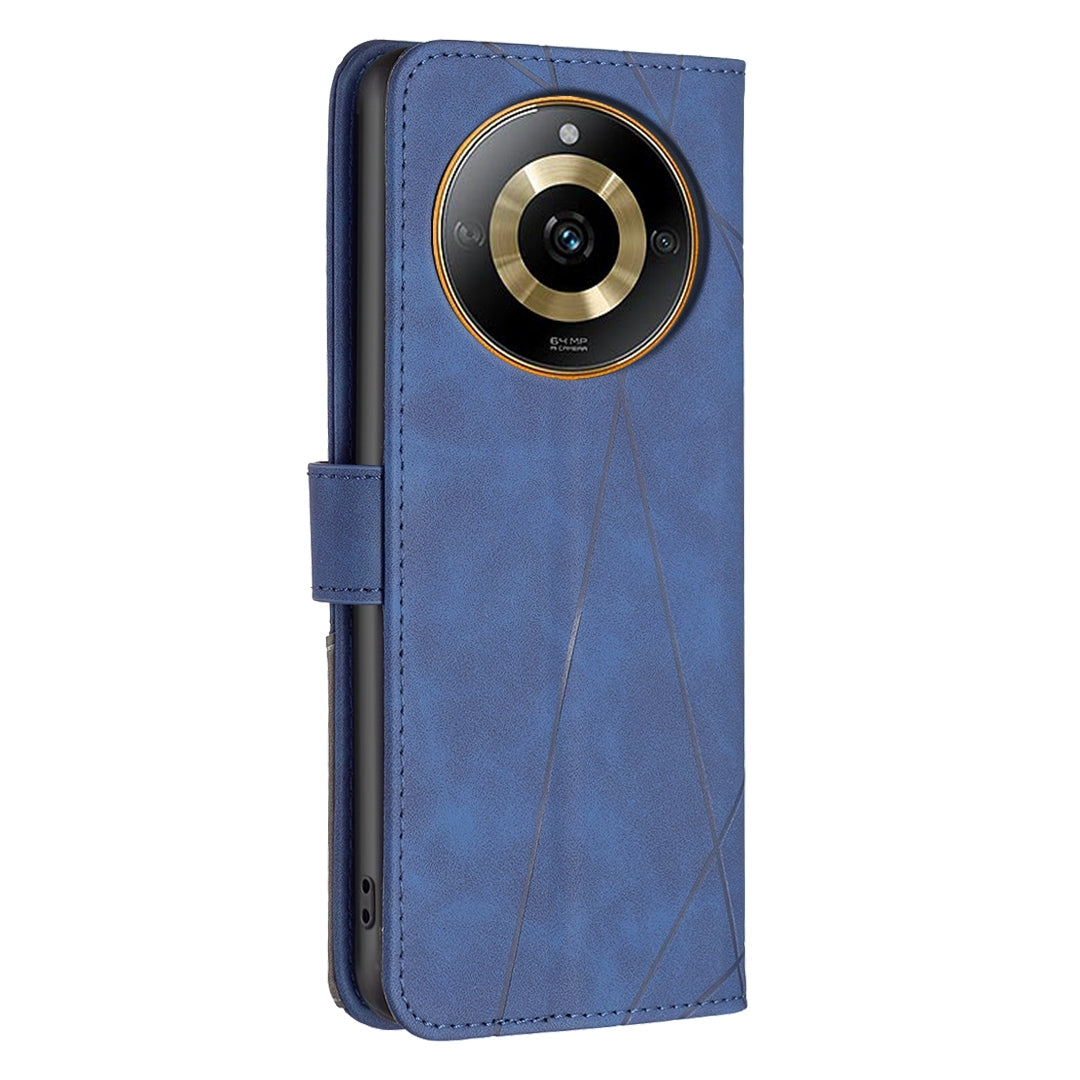 Realme 11 4G Wallet Case – Rhombus Texture PU Leather, Magnetic Buckle, Card Slots, Stand Function, Shockproof Protective Cover