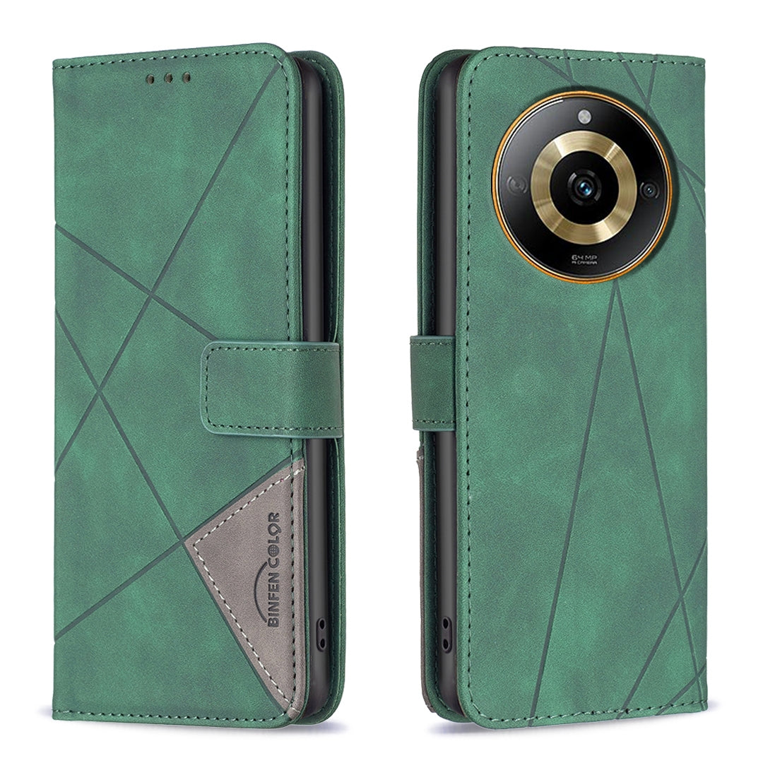 Realme 11 4G Wallet Case – Rhombus Texture PU Leather, Magnetic Buckle, Card Slots, Stand Function, Shockproof Protective Cover