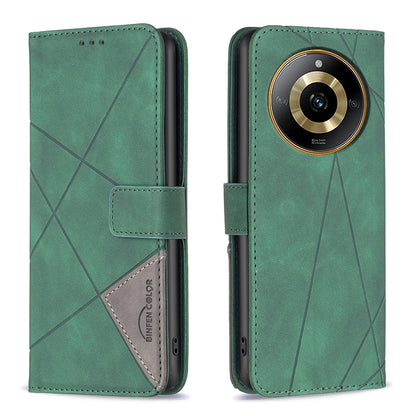 Realme 11 4G Wallet Case – Rhombus Texture PU Leather, Magnetic Buckle, Card Slots, Stand Function, Shockproof Protective Cover