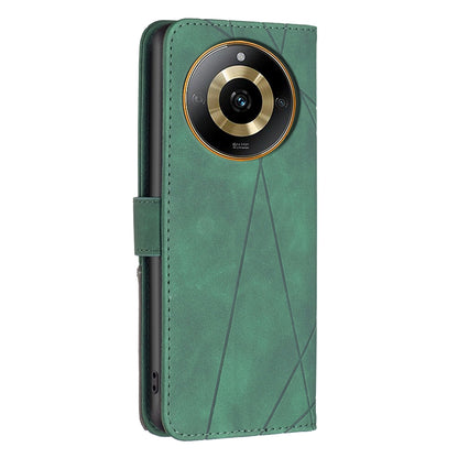 Realme 11 4G Wallet Case – Rhombus Texture PU Leather, Magnetic Buckle, Card Slots, Stand Function, Shockproof Protective Cover