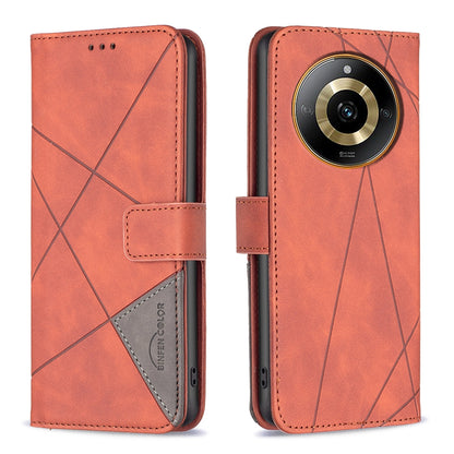 Realme 11 4G Wallet Case – Rhombus Texture PU Leather, Magnetic Buckle, Card Slots, Stand Function, Shockproof Protective Cover