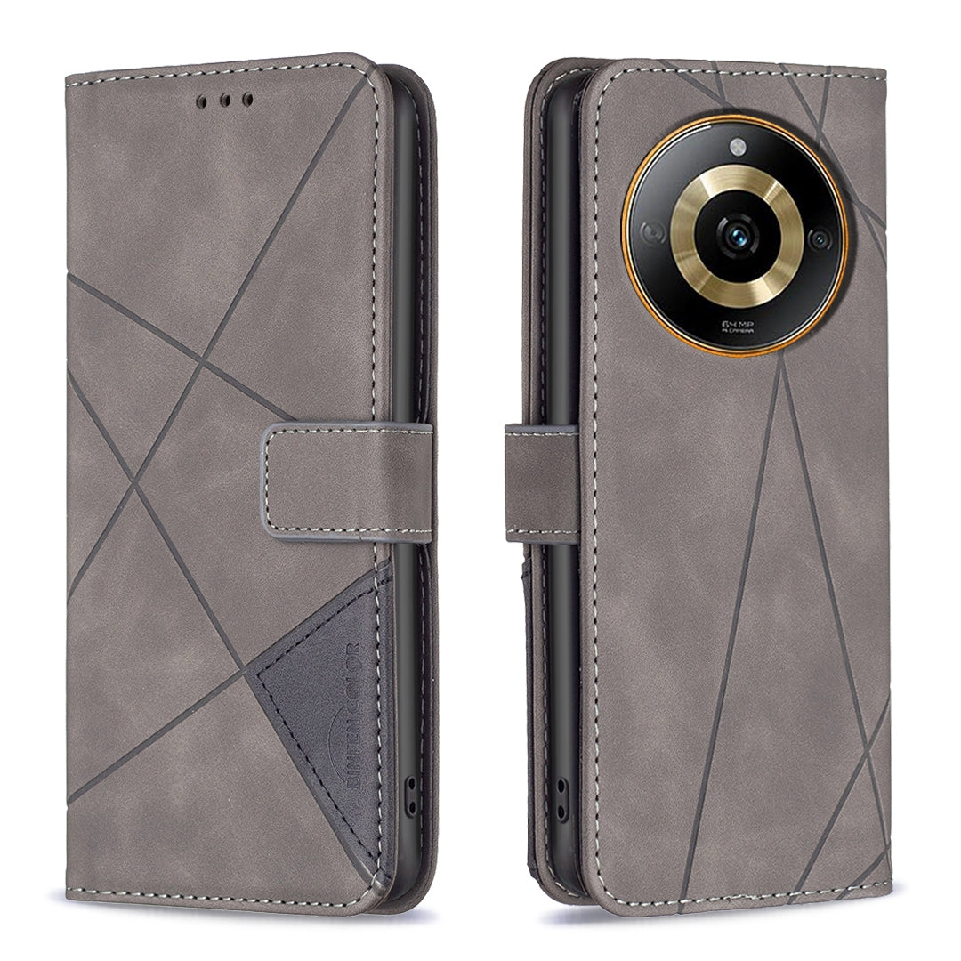 Realme 11 4G Wallet Case – Rhombus Texture PU Leather, Magnetic Buckle, Card Slots, Stand Function, Shockproof Protective Cover
