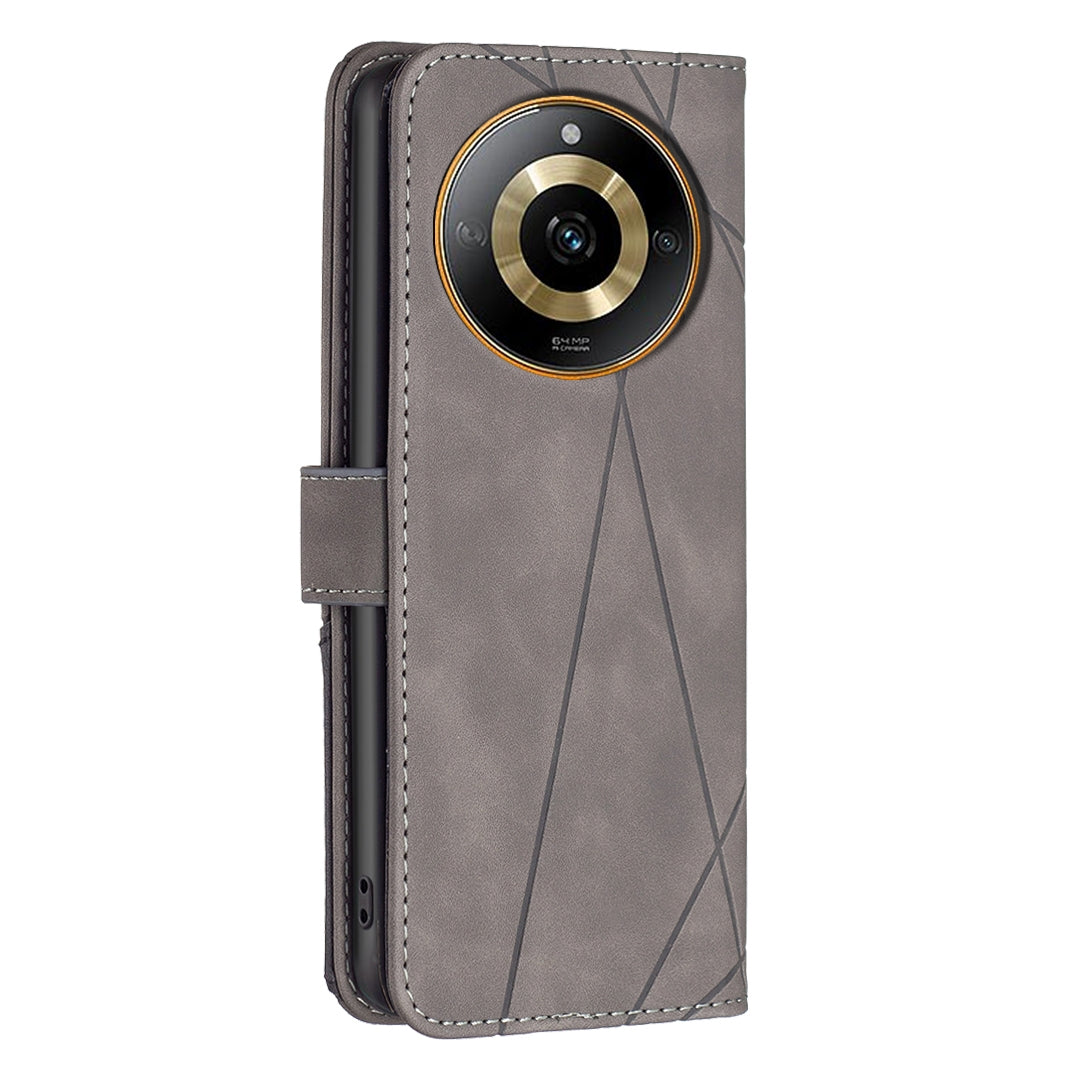 Realme 11 4G Wallet Case – Rhombus Texture PU Leather, Magnetic Buckle, Card Slots, Stand Function, Shockproof Protective Cover