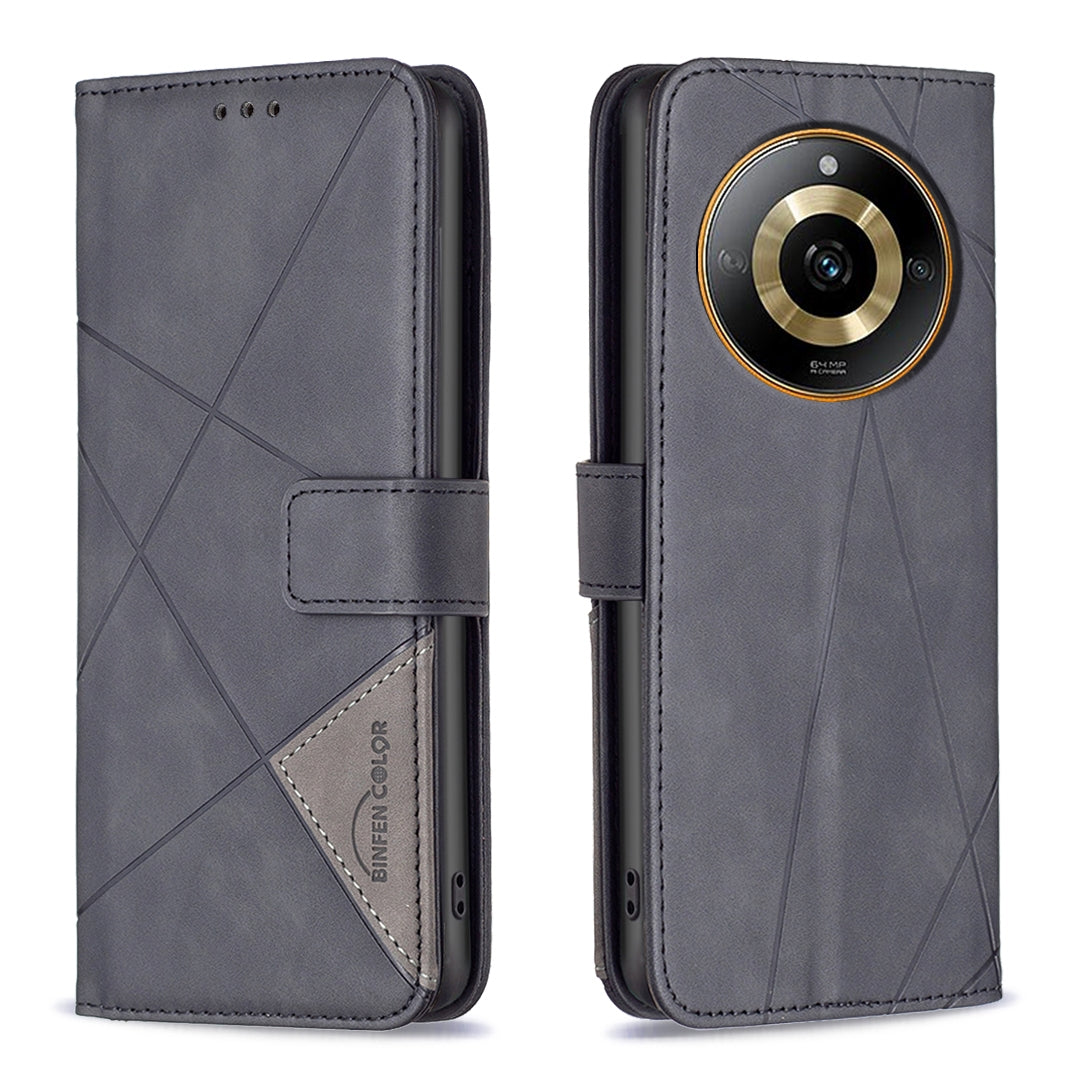 Realme 11 4G Wallet Case – Rhombus Texture PU Leather, Magnetic Buckle, Card Slots, Stand Function, Shockproof Protective Cover