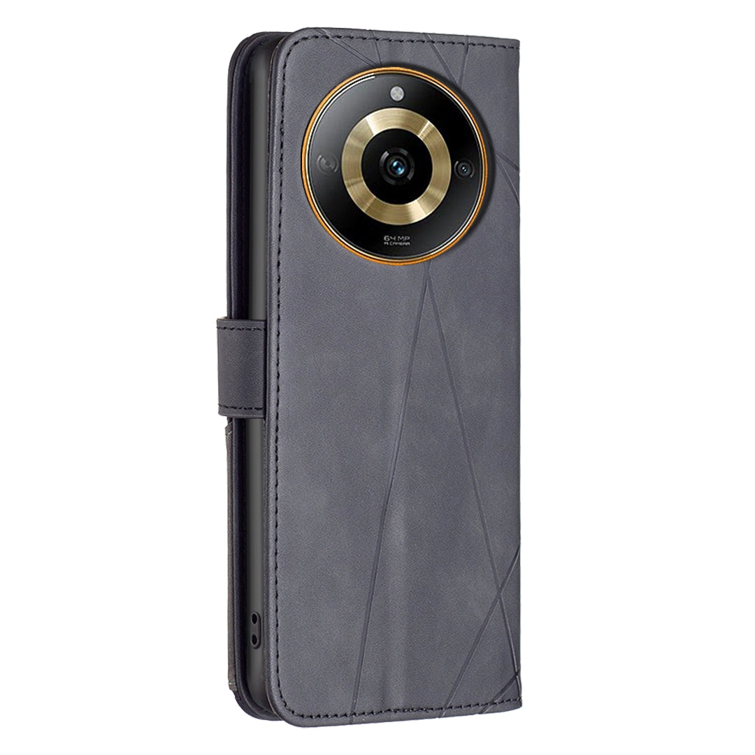 Realme 11 4G Wallet Case – Rhombus Texture PU Leather, Magnetic Buckle, Card Slots, Stand Function, Shockproof Protective Cover