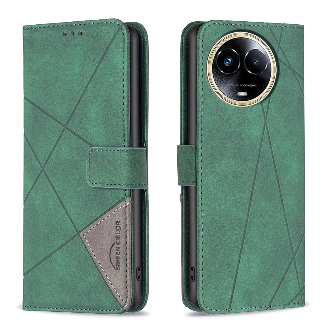 Realme 11 5G Wallet Case – Rhombus Texture PU Leather, Magnetic Buckle, Card Slots, Stand Function, Shockproof Protective Cover