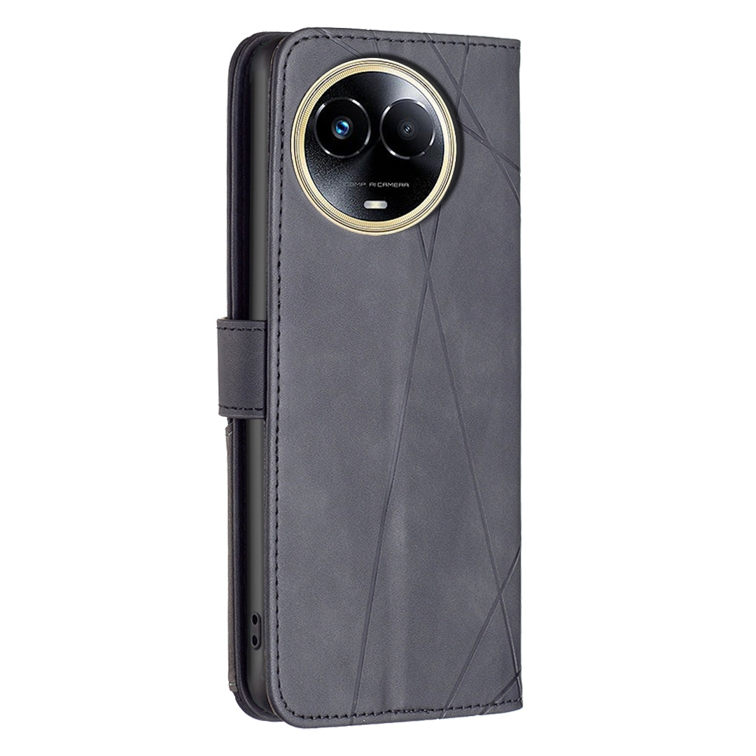 Realme 11 5G Wallet Case – Rhombus Texture PU Leather, Magnetic Buckle, Card Slots, Stand Function, Shockproof Protective Cover