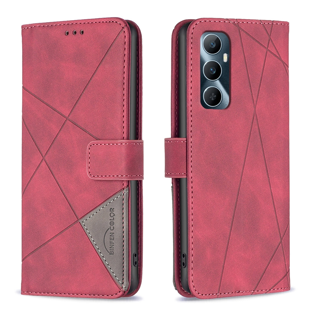 Realme C65 4G Wallet Case – Rhombus Texture PU Leather, Magnetic Buckle, Card Slots, Stand Function, Shockproof Protective Cover