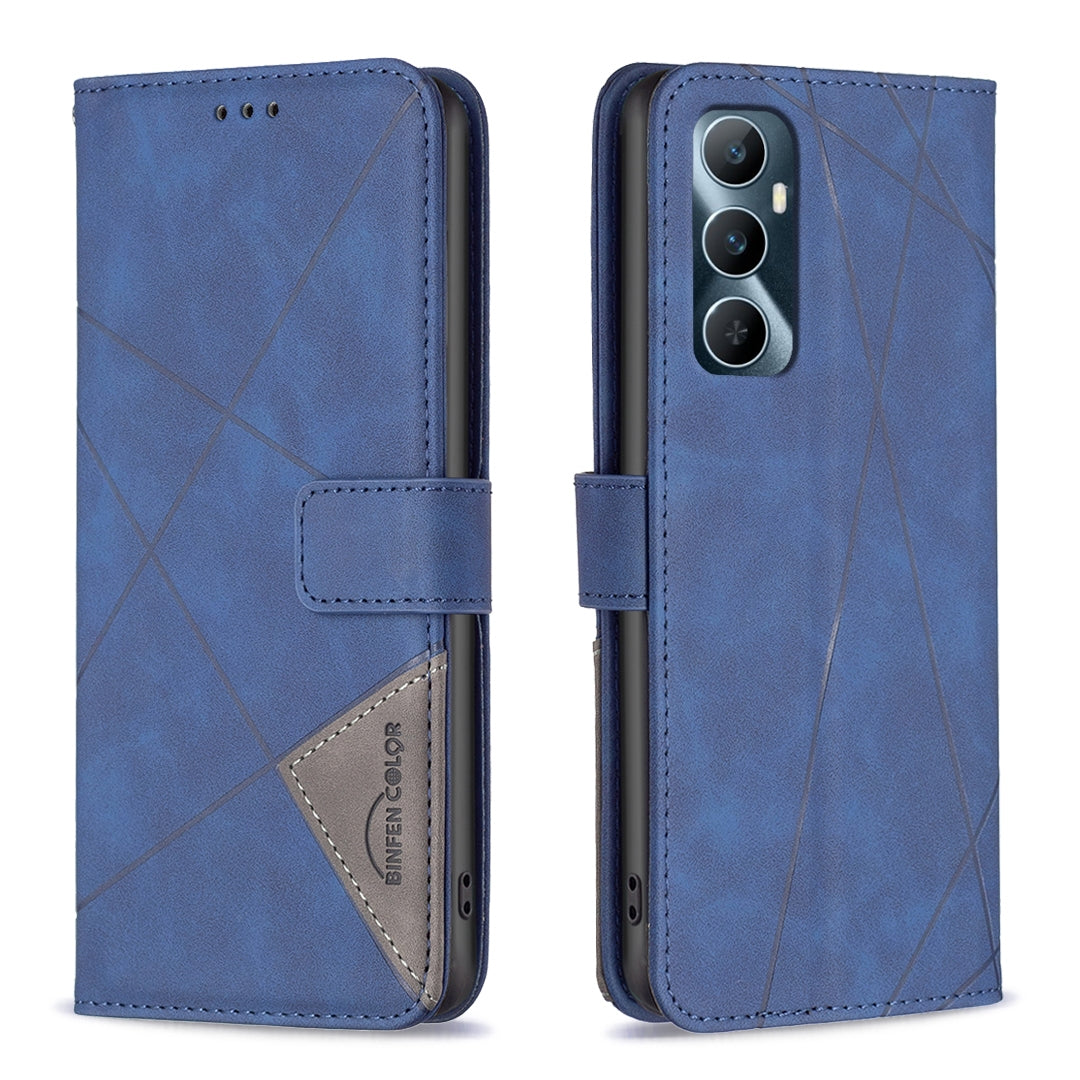 Realme C65 4G Wallet Case – Rhombus Texture PU Leather, Magnetic Buckle, Card Slots, Stand Function, Shockproof Protective Cover