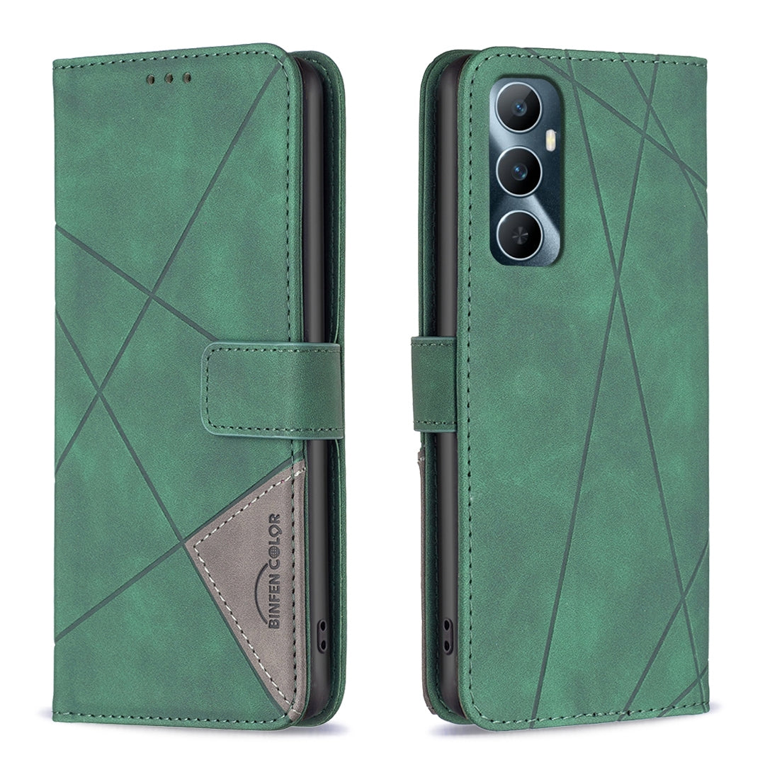 Realme C65 4G Wallet Case – Rhombus Texture PU Leather, Magnetic Buckle, Card Slots, Stand Function, Shockproof Protective Cover