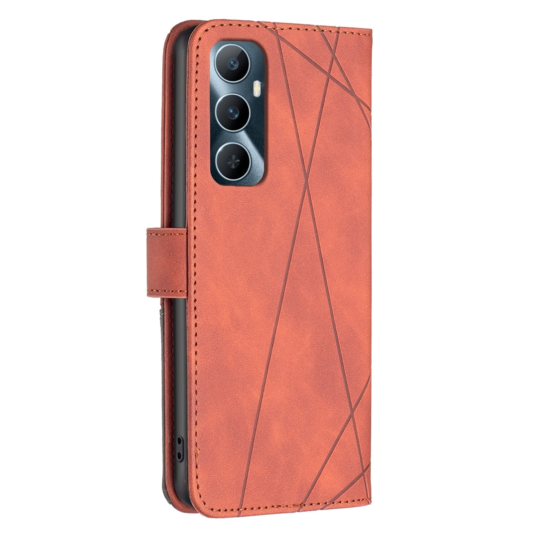Realme C65 4G Wallet Case – Rhombus Texture PU Leather, Magnetic Buckle, Card Slots, Stand Function, Shockproof Protective Cover