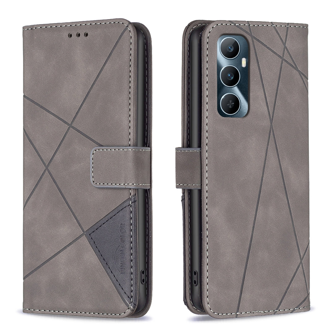 Realme C65 4G Wallet Case – Rhombus Texture PU Leather, Magnetic Buckle, Card Slots, Stand Function, Shockproof Protective Cover