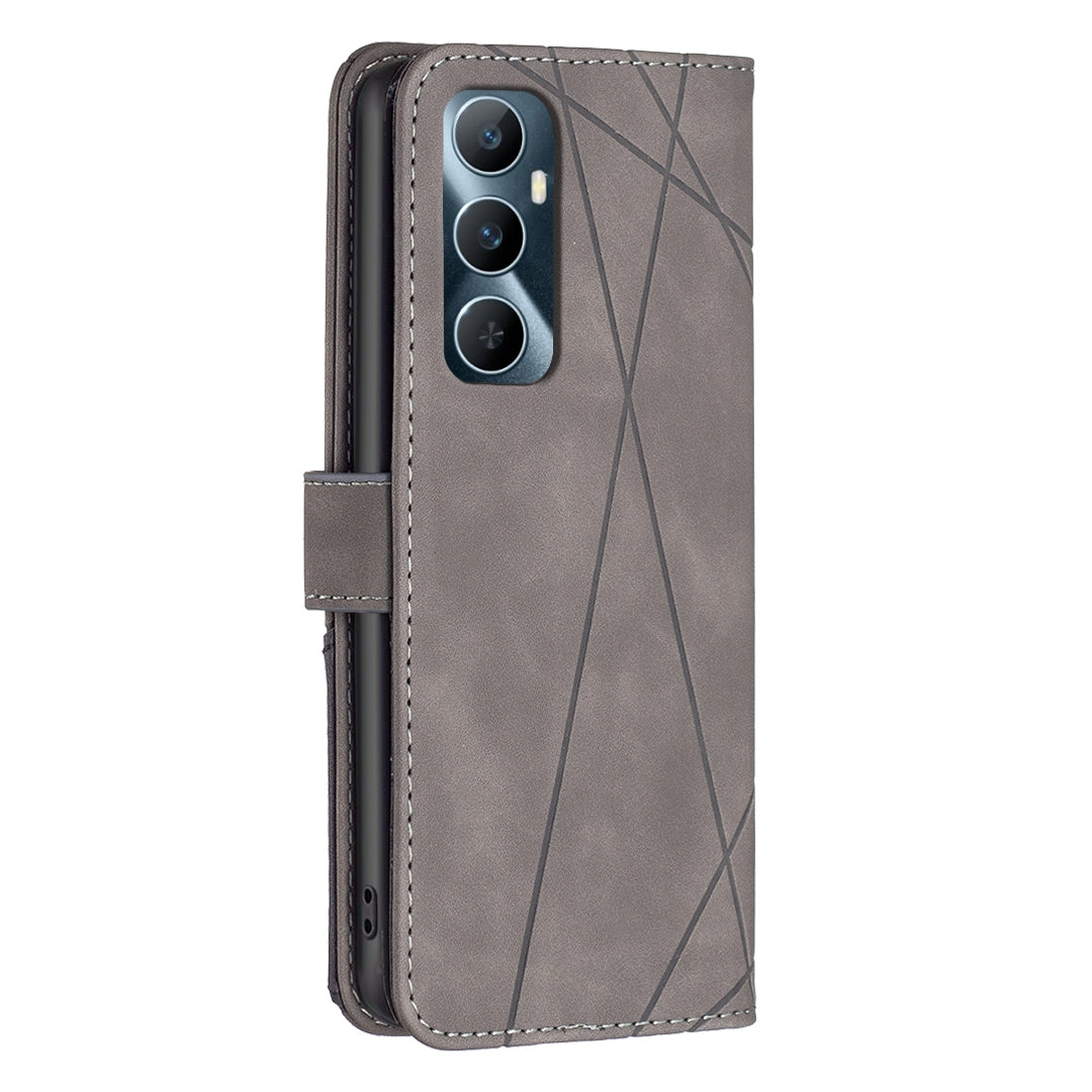 Realme C65 4G Wallet Case – Rhombus Texture PU Leather, Magnetic Buckle, Card Slots, Stand Function, Shockproof Protective Cover