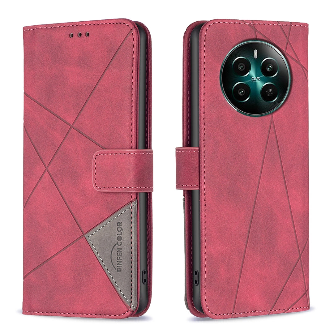 Realme 12+ 5G Wallet Case – Rhombus Texture PU Leather, Magnetic Buckle, Card Slots, Stand Function, Shockproof Protective Cover