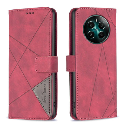 Realme 12+ 5G Wallet Case – Rhombus Texture PU Leather, Magnetic Buckle, Card Slots, Stand Function, Shockproof Protective Cover