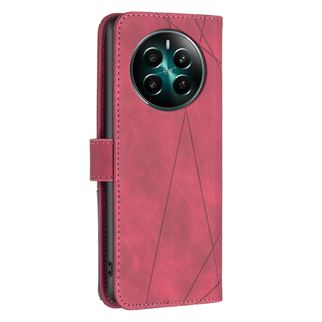 Realme 12+ 5G Wallet Case – Rhombus Texture PU Leather, Magnetic Buckle, Card Slots, Stand Function, Shockproof Protective Cover