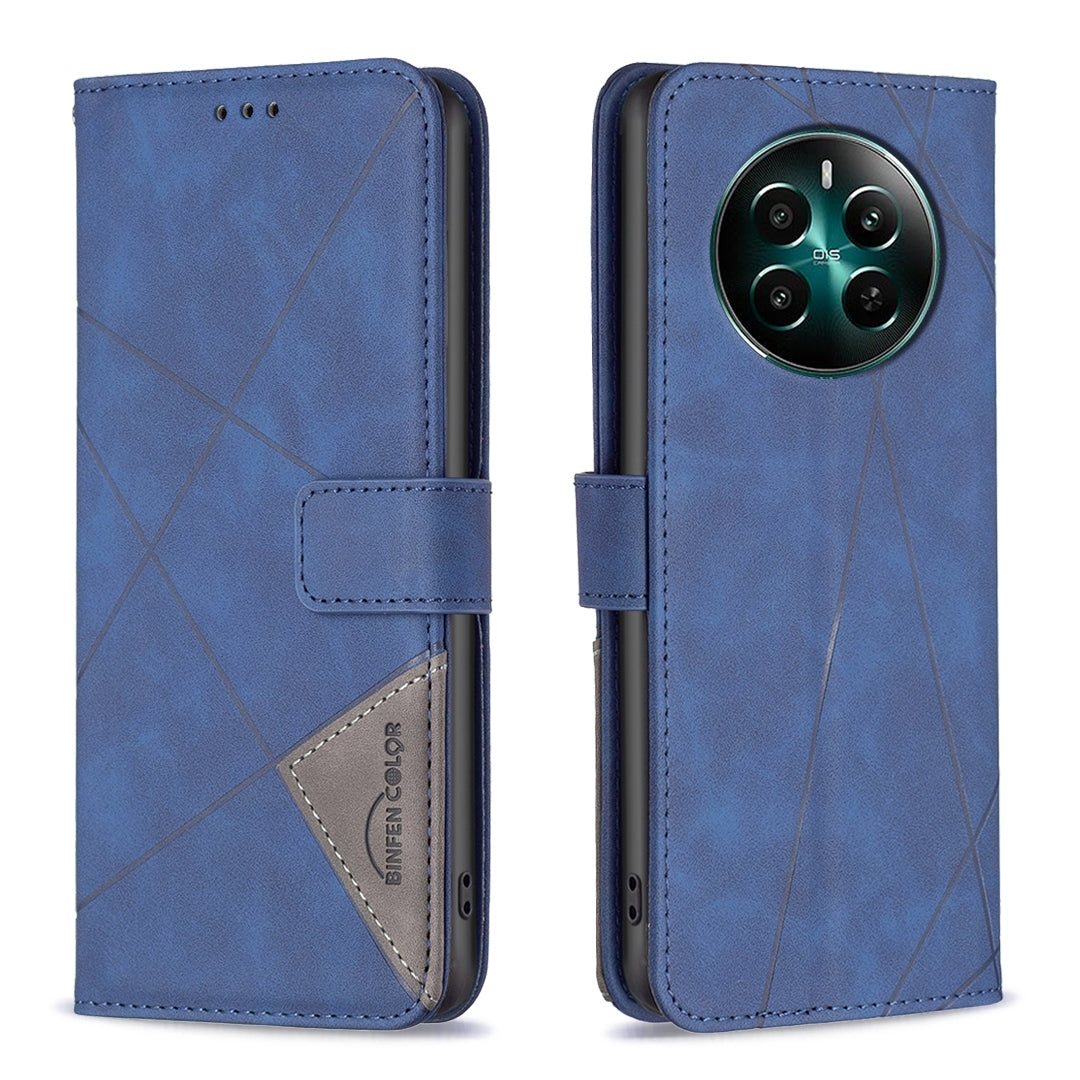 Realme 12+ 5G Wallet Case – Rhombus Texture PU Leather, Magnetic Buckle, Card Slots, Stand Function, Shockproof Protective Cover