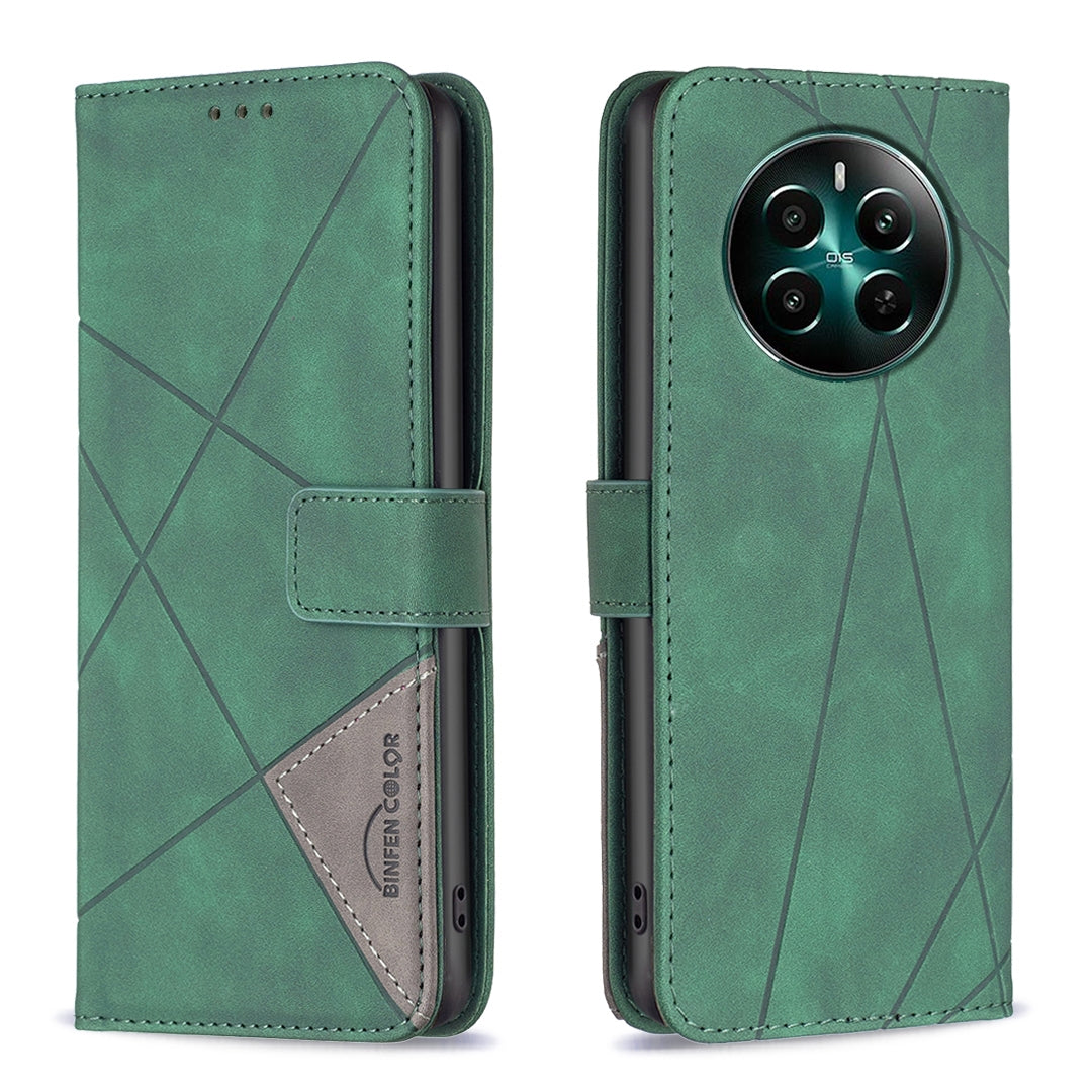 Realme 12+ 5G Wallet Case – Rhombus Texture PU Leather, Magnetic Buckle, Card Slots, Stand Function, Shockproof Protective Cover