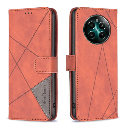 Realme 12+ 5G Wallet Case – Rhombus Texture PU Leather, Magnetic Buckle, Card Slots, Stand Function, Shockproof Protective Cover