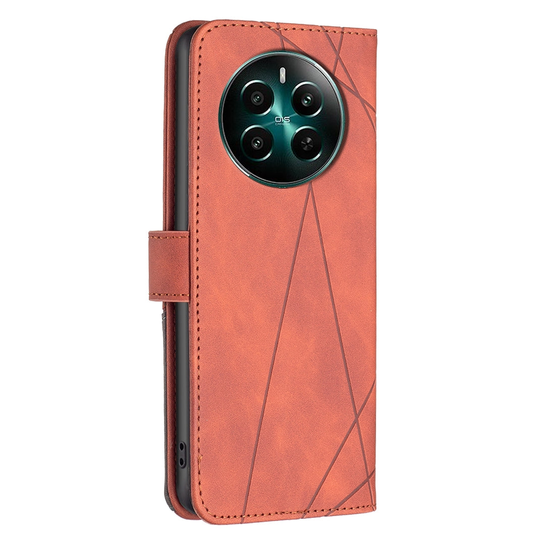 Realme 12+ 5G Wallet Case – Rhombus Texture PU Leather, Magnetic Buckle, Card Slots, Stand Function, Shockproof Protective Cover