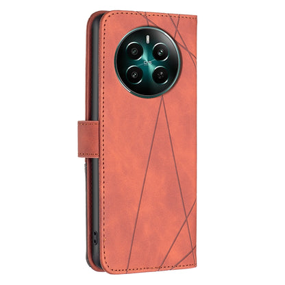 Realme 12+ 5G Wallet Case – Rhombus Texture PU Leather, Magnetic Buckle, Card Slots, Stand Function, Shockproof Protective Cover