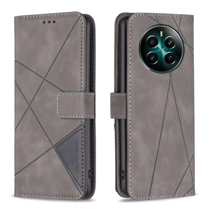 Realme 12+ 5G Wallet Case – Rhombus Texture PU Leather, Magnetic Buckle, Card Slots, Stand Function, Shockproof Protective Cover