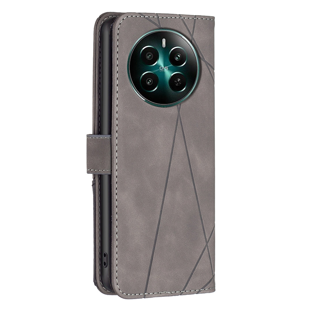 Realme 12+ 5G Wallet Case – Rhombus Texture PU Leather, Magnetic Buckle, Card Slots, Stand Function, Shockproof Protective Cover