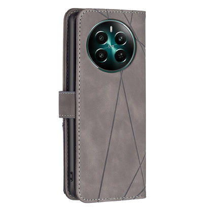 Realme 12+ 5G Wallet Case – Rhombus Texture PU Leather, Magnetic Buckle, Card Slots, Stand Function, Shockproof Protective Cover