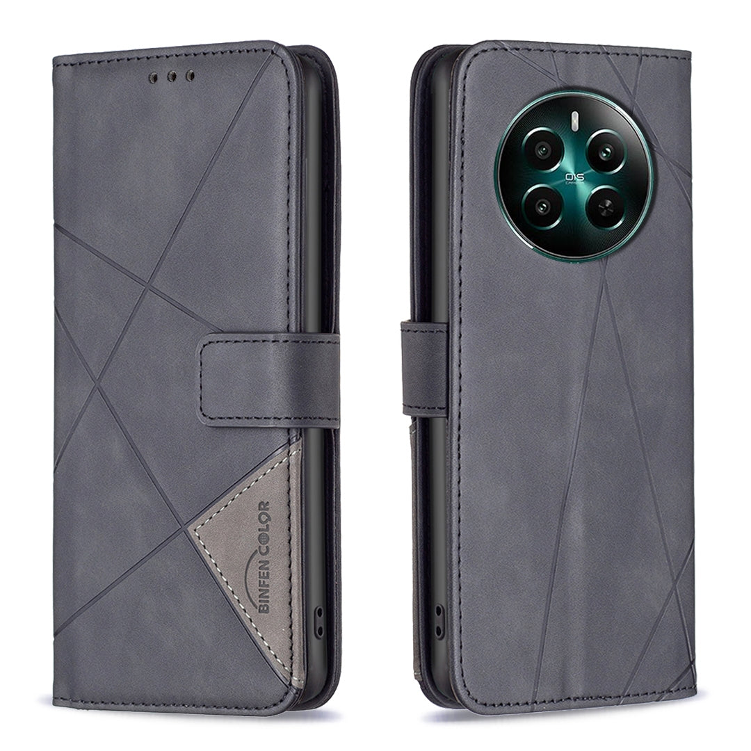 Realme 12+ 5G Wallet Case – Rhombus Texture PU Leather, Magnetic Buckle, Card Slots, Stand Function, Shockproof Protective Cover