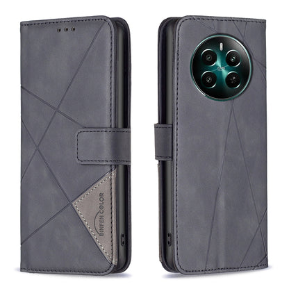 Realme 12+ 5G Wallet Case – Rhombus Texture PU Leather, Magnetic Buckle, Card Slots, Stand Function, Shockproof Protective Cover