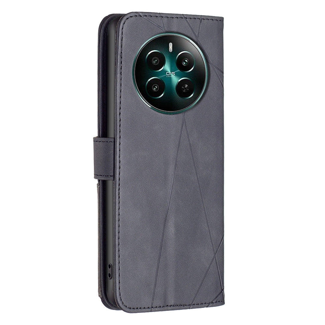 Realme 12+ 5G Wallet Case – Rhombus Texture PU Leather, Magnetic Buckle, Card Slots, Stand Function, Shockproof Protective Cover